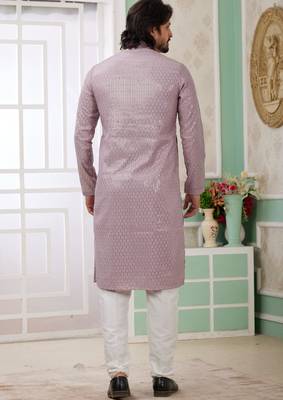 men's purple  straight kurta churidar with embroidered art silk   and with lining 4