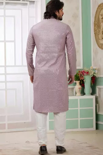 men's purple  straight kurta churidar with embroidered art silk   and with lining