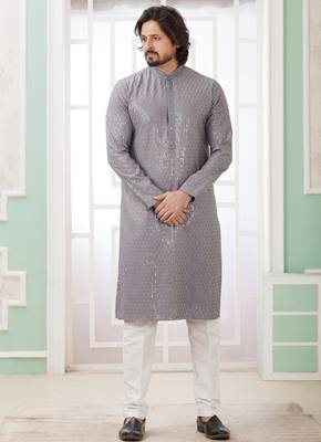 men's grey  straight kurta churidar with embroidered art silk   and with lining 1