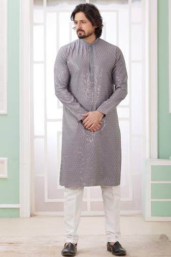 Men's grey  straight kurta with embroidered art silk  and with lining
