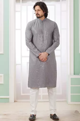 Men's grey  straight kurta with embroidered art silk  and with lining