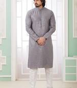 Men's grey  straight kurta with embroidered art silk   and with lining