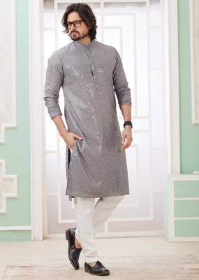 men's grey  straight kurta churidar with embroidered art silk   and with lining 2