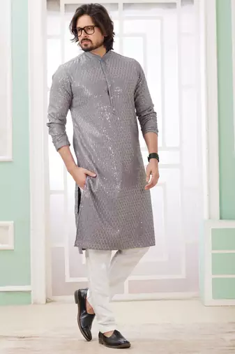 men's grey  straight kurta churidar with embroidered art silk   and with lining