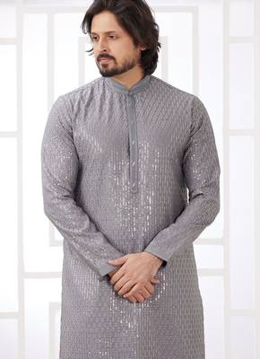 men's grey  straight kurta churidar with embroidered art silk   and with lining 3
