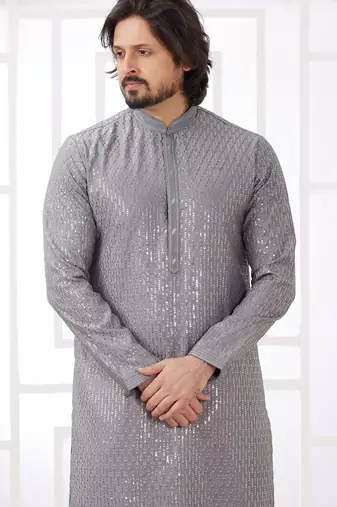 men's grey  straight kurta churidar with embroidered art silk   and with lining
