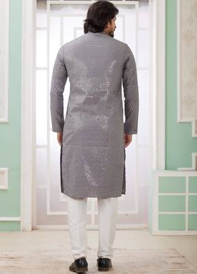 men's grey  straight kurta churidar with embroidered art silk   and with lining 4