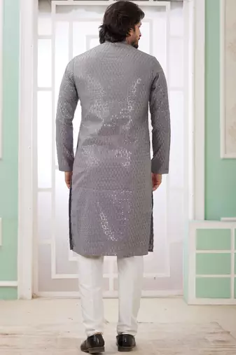 men's grey  straight kurta churidar with embroidered art silk   and with lining