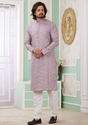 men's purple  straight kurta churidar with embroidered art silk   and with lining 1