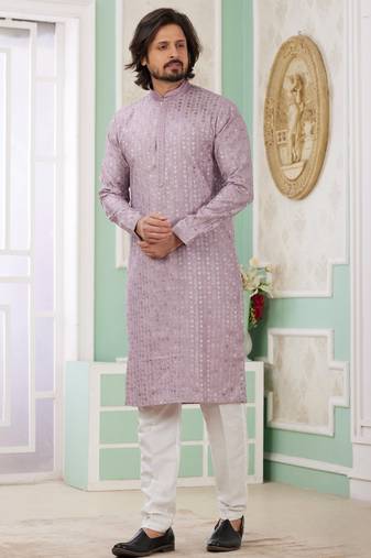 Men's purple  straight kurta with embroidered art silk  and with lining