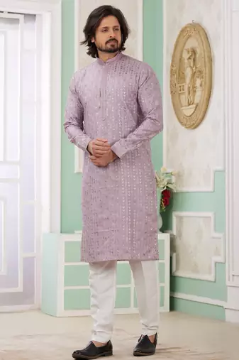 Men's purple  straight kurta with embroidered art silk  and with lining