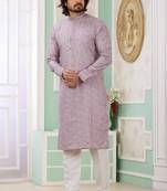 Men's purple  straight kurta with embroidered art silk   and with lining