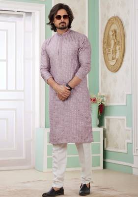 men's purple  straight kurta churidar with embroidered art silk   and with lining 2