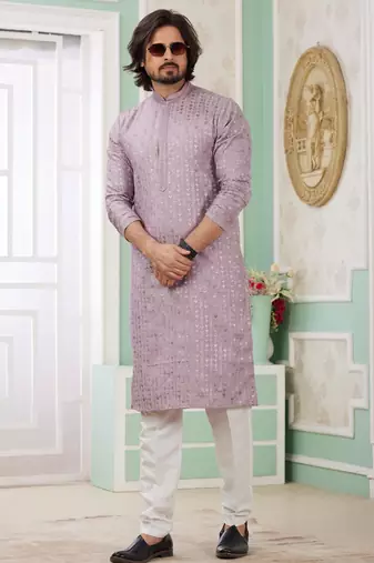 men's purple  straight kurta churidar with embroidered art silk   and with lining