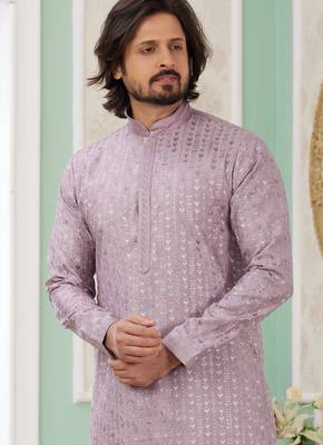 men's purple  straight kurta churidar with embroidered art silk   and with lining 3