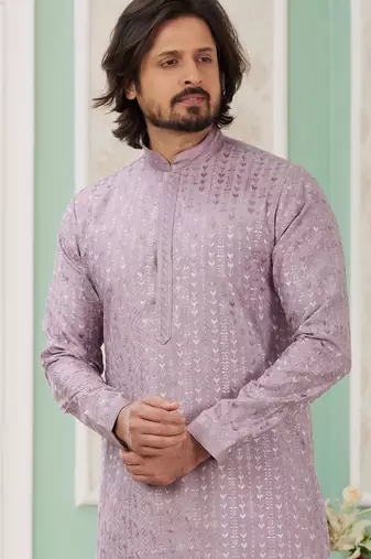 men's purple  straight kurta churidar with embroidered art silk   and with lining