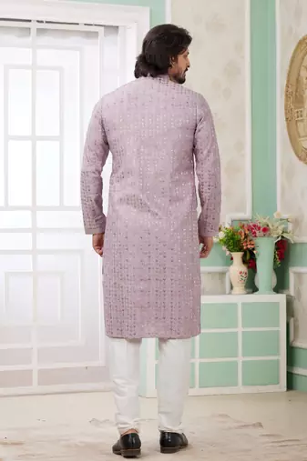 men's purple  straight kurta churidar with embroidered art silk   and with lining