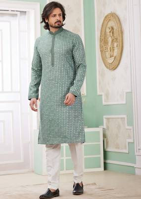 men's green  straight kurta churidar with embroidered art silk   and with lining 1