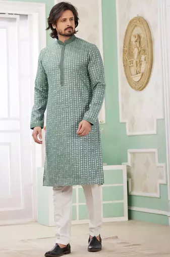Men's green  straight kurta with embroidered art silk  and with lining