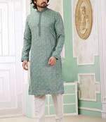 Men's green  straight kurta with embroidered art silk   and with lining