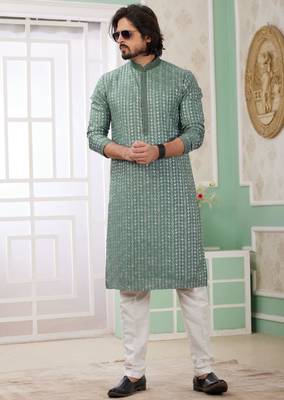 men's green  straight kurta churidar with embroidered art silk   and with lining 2