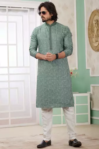 men's green  straight kurta churidar with embroidered art silk   and with lining