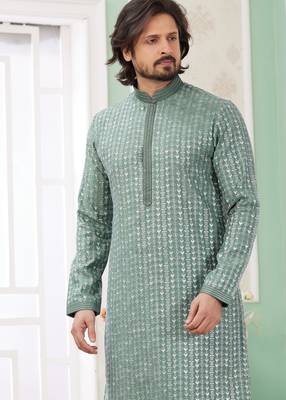men's green  straight kurta churidar with embroidered art silk   and with lining 3
