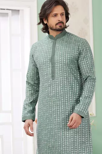 men's green  straight kurta churidar with embroidered art silk   and with lining