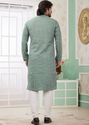 men's green  straight kurta churidar with embroidered art silk   and with lining 4