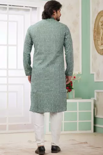 men's green  straight kurta churidar with embroidered art silk   and with lining