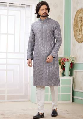 men's grey  straight kurta churidar with embroidered art silk   and with lining 1