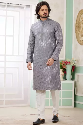 Men's grey  straight kurta with embroidered art silk  and with lining
