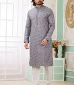 Men's grey  straight kurta with embroidered art silk   and with lining