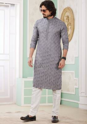 men's grey  straight kurta churidar with embroidered art silk   and with lining 2