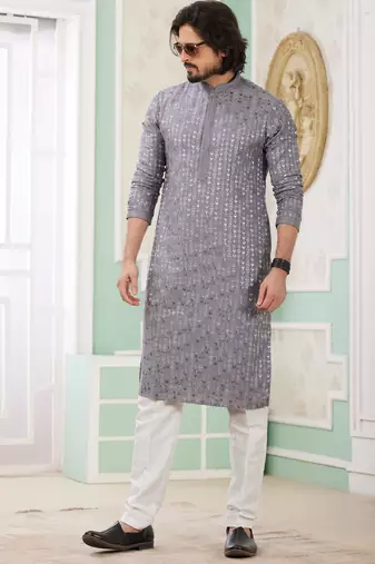men's grey  straight kurta churidar with embroidered art silk   and with lining