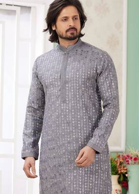 men's grey  straight kurta churidar with embroidered art silk   and with lining 3