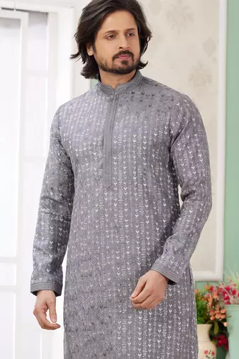 men's grey  straight kurta churidar with embroidered art silk   and with lining