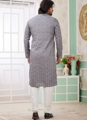 men's grey  straight kurta churidar with embroidered art silk   and with lining 4