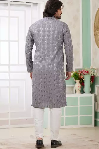 men's grey  straight kurta churidar with embroidered art silk   and with lining