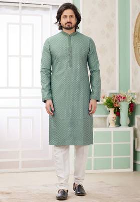 men's green  straight kurta churidar with embroidered art silk   and with lining 1