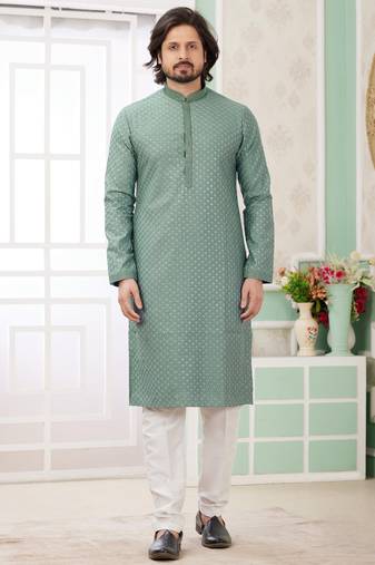 Men's green  straight kurta with embroidered art silk  and with lining