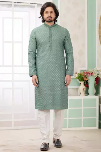 Men's green  straight kurta with embroidered art silk  and with lining