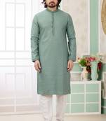 Men's green  straight kurta with embroidered art silk   and with lining