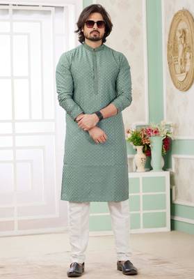 men's green  straight kurta churidar with embroidered art silk   and with lining 2