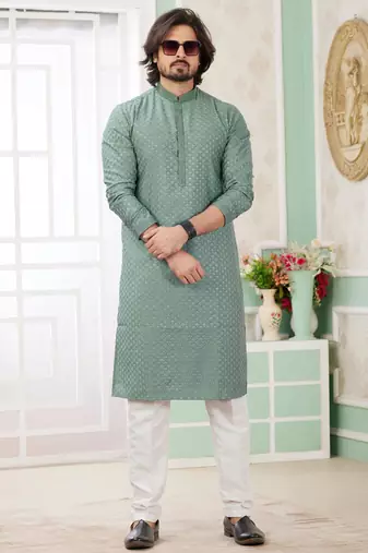 men's green  straight kurta churidar with embroidered art silk   and with lining