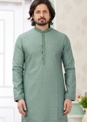 men's green  straight kurta churidar with embroidered art silk   and with lining 3