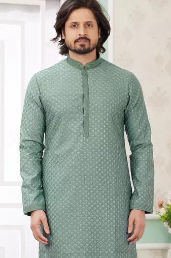 men's green  straight kurta churidar with embroidered art silk   and with lining