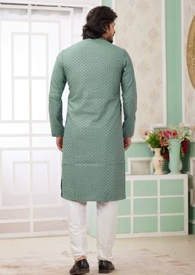 men's green  straight kurta churidar with embroidered art silk   and with lining 4