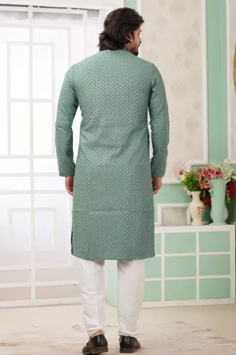 men's green  straight kurta churidar with embroidered art silk   and with lining