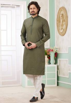men's green  straight kurta churidar with embroidered art silk   and with lining 1